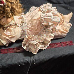 Vintage Porcelain Doll With Curly Hair & Plaid Ruffle Dress